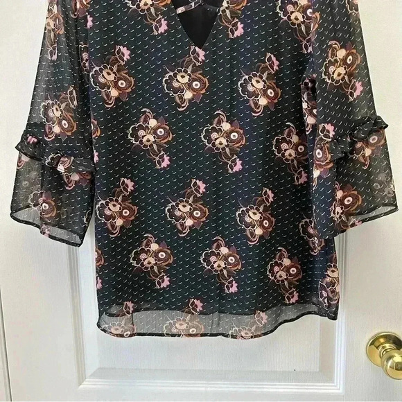 DR2 Blouse Sheer Ruffle Sleeve Bohemian Dark Floral Flowy Black Brown Small - Picture 7 of 12